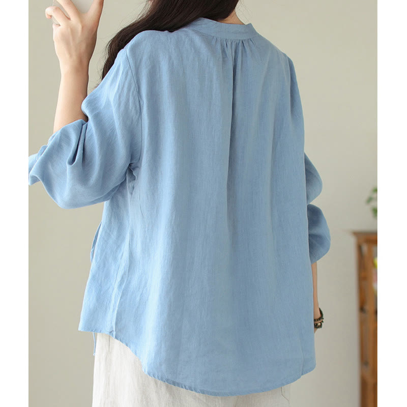 Fall Casual Solid Color Stand Collar Long Sleeve Cotton Linen Women's Shirt