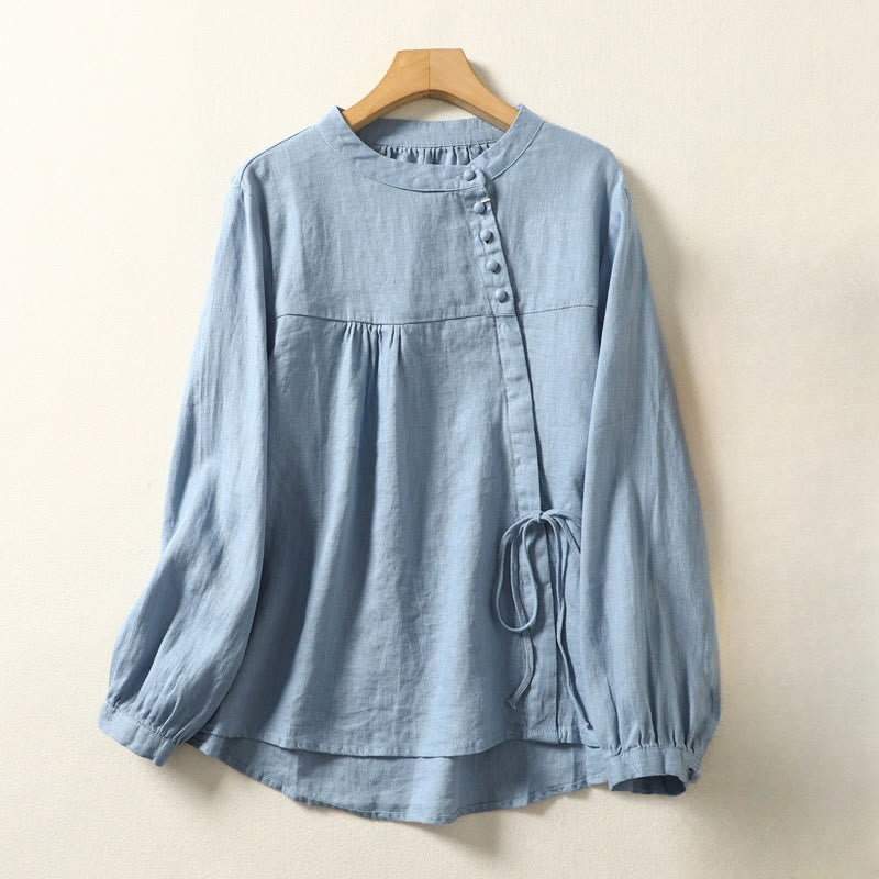 Fall Casual Solid Color Stand Collar Long Sleeve Cotton Linen Women's Shirt