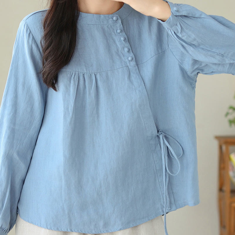 Fall Casual Solid Color Stand Collar Long Sleeve Cotton Linen Women's Shirt