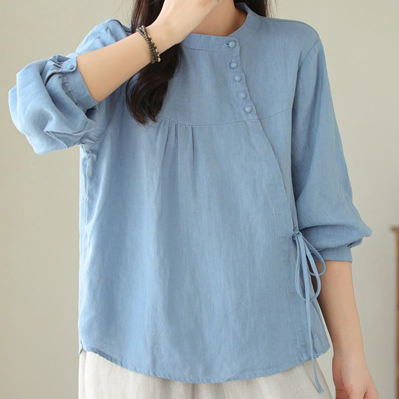 Fall Casual Solid Color Stand Collar Long Sleeve Cotton Linen Women's Shirt