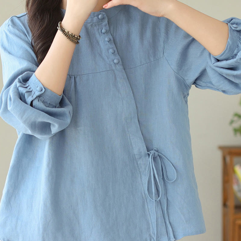 Fall Casual Solid Color Stand Collar Long Sleeve Cotton Linen Women's Shirt