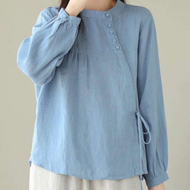Fall Casual Solid Color Stand Collar Long Sleeve Cotton Linen Women's Shirt