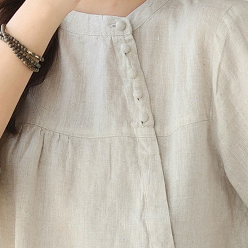 Fall Casual Solid Color Stand Collar Long Sleeve Cotton Linen Women's Shirt
