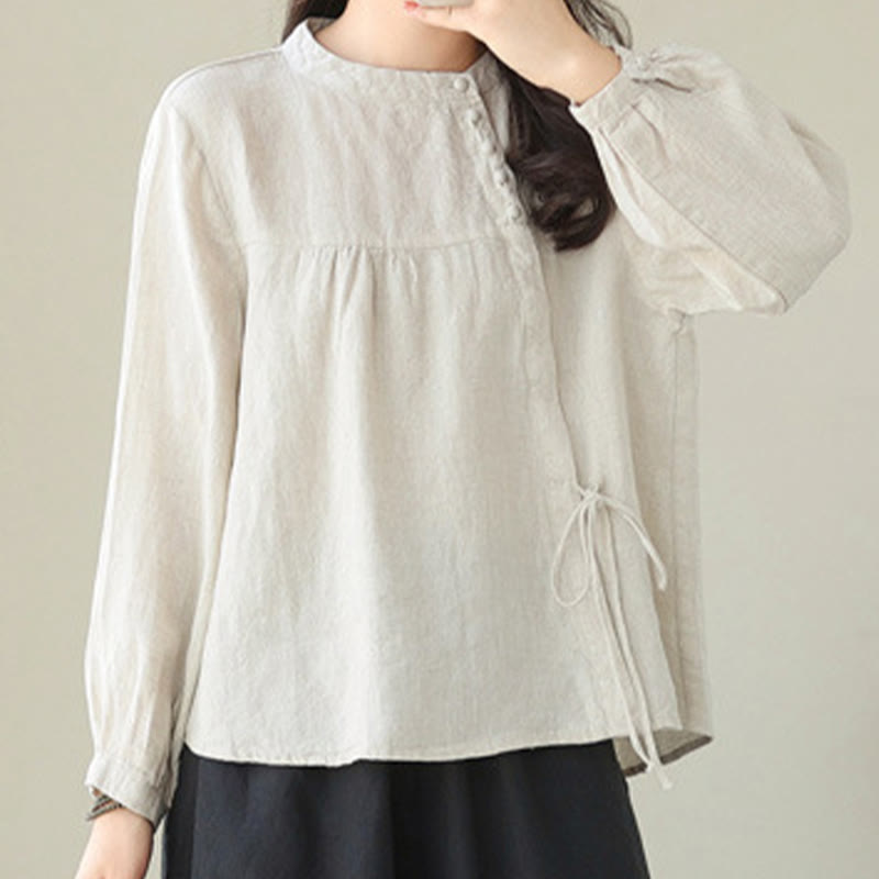 Fall Casual Solid Color Stand Collar Long Sleeve Cotton Linen Women's Shirt