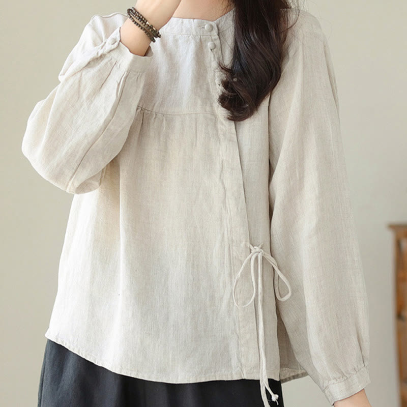 Fall Casual Solid Color Stand Collar Long Sleeve Cotton Linen Women's Shirt