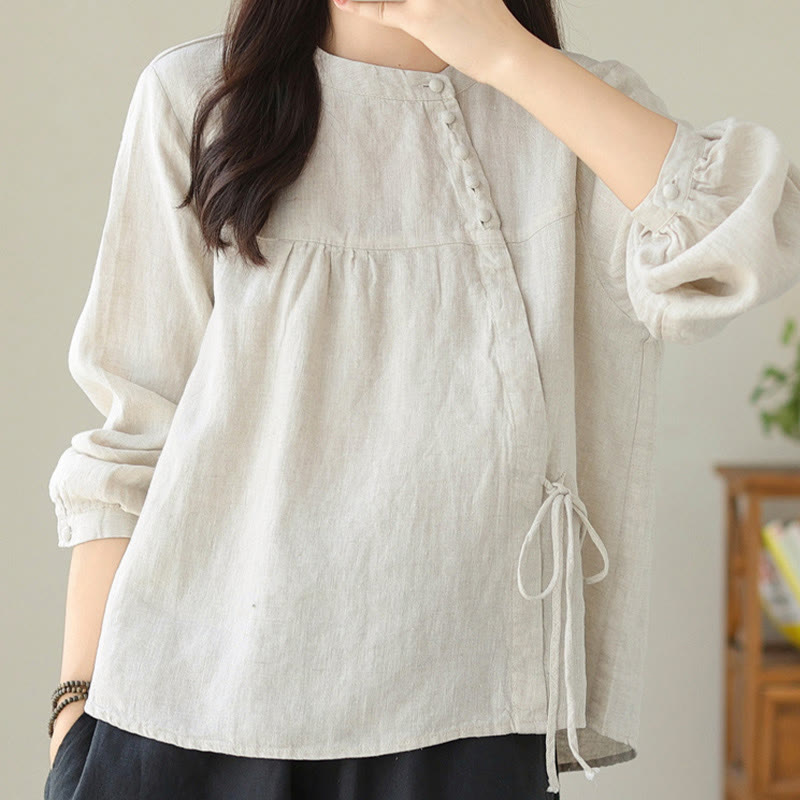 Fall Casual Solid Color Stand Collar Long Sleeve Cotton Linen Women's Shirt