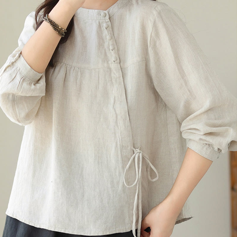 Fall Casual Solid Color Stand Collar Long Sleeve Cotton Linen Women's Shirt