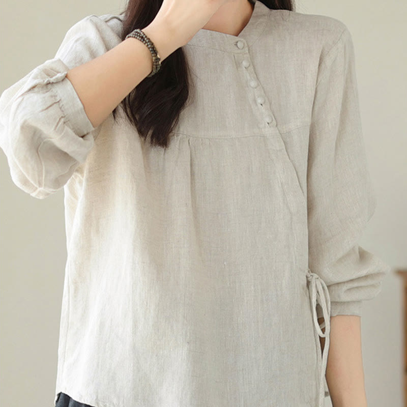 Fall Casual Solid Color Stand Collar Long Sleeve Cotton Linen Women's Shirt
