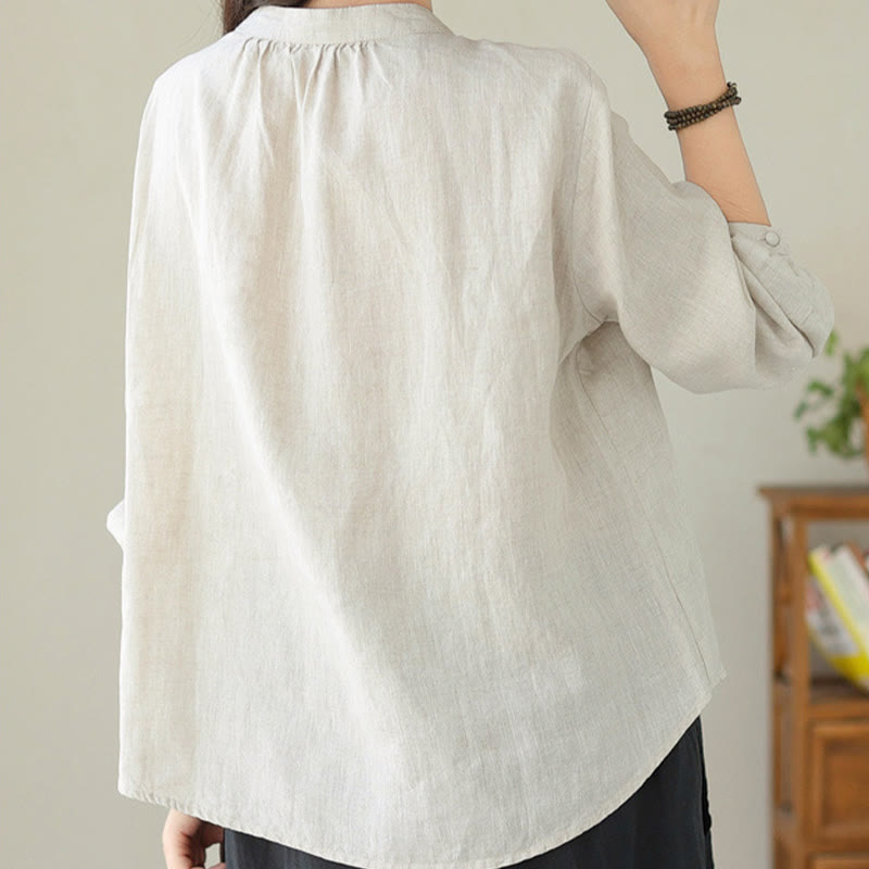 Fall Casual Solid Color Stand Collar Long Sleeve Cotton Linen Women's Shirt