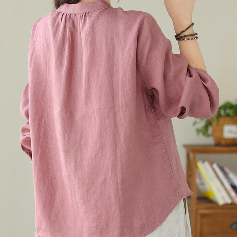 Fall Casual Solid Color Stand Collar Long Sleeve Cotton Linen Women's Shirt