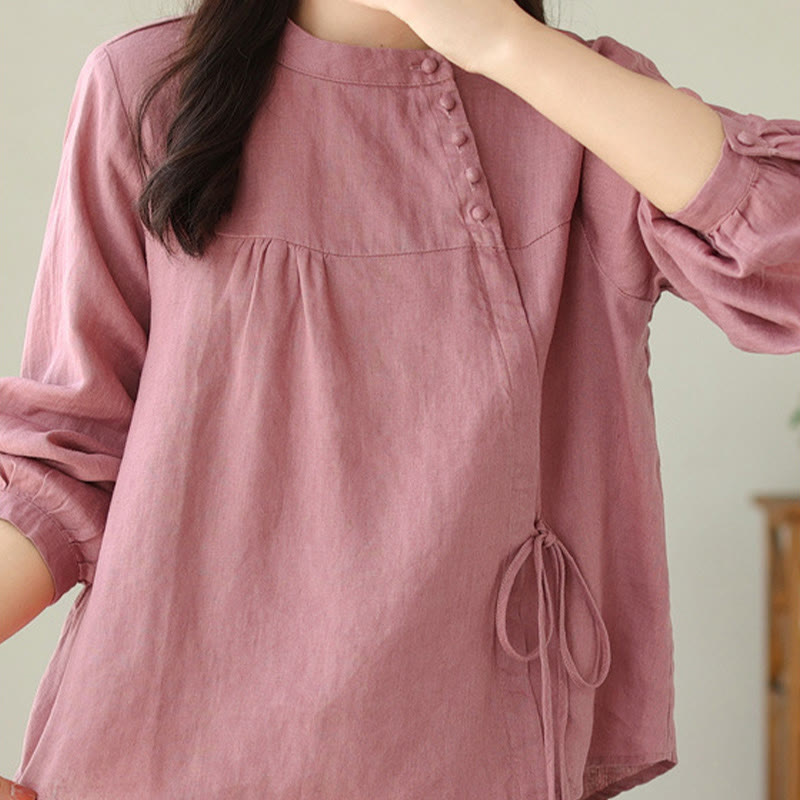 Fall Casual Solid Color Stand Collar Long Sleeve Cotton Linen Women's Shirt