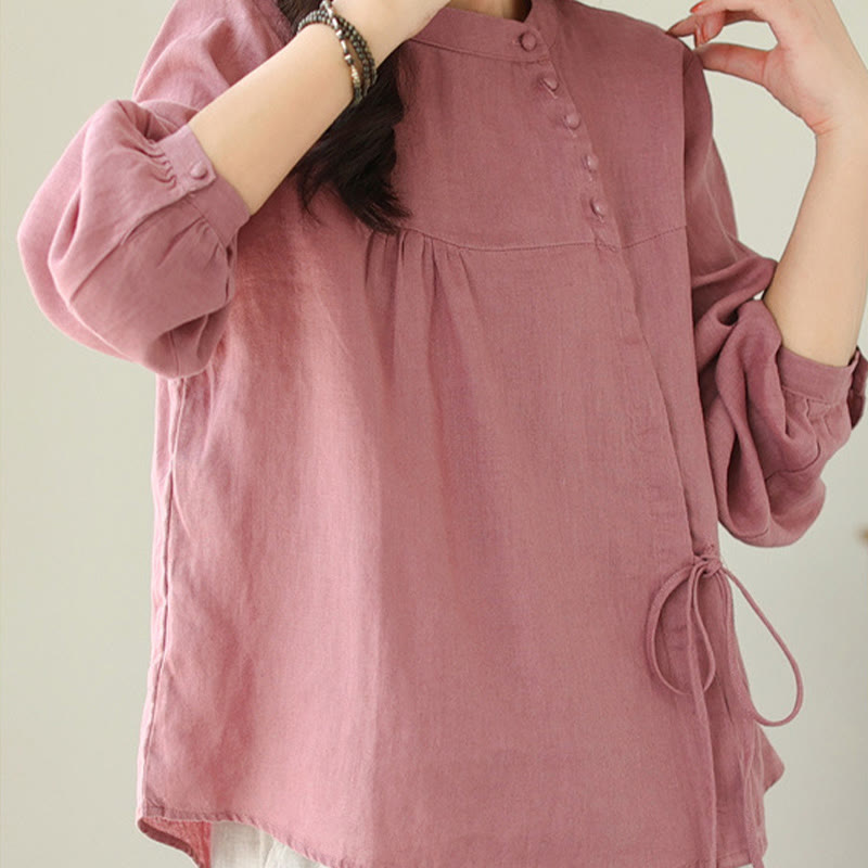 Fall Casual Solid Color Stand Collar Long Sleeve Cotton Linen Women's Shirt