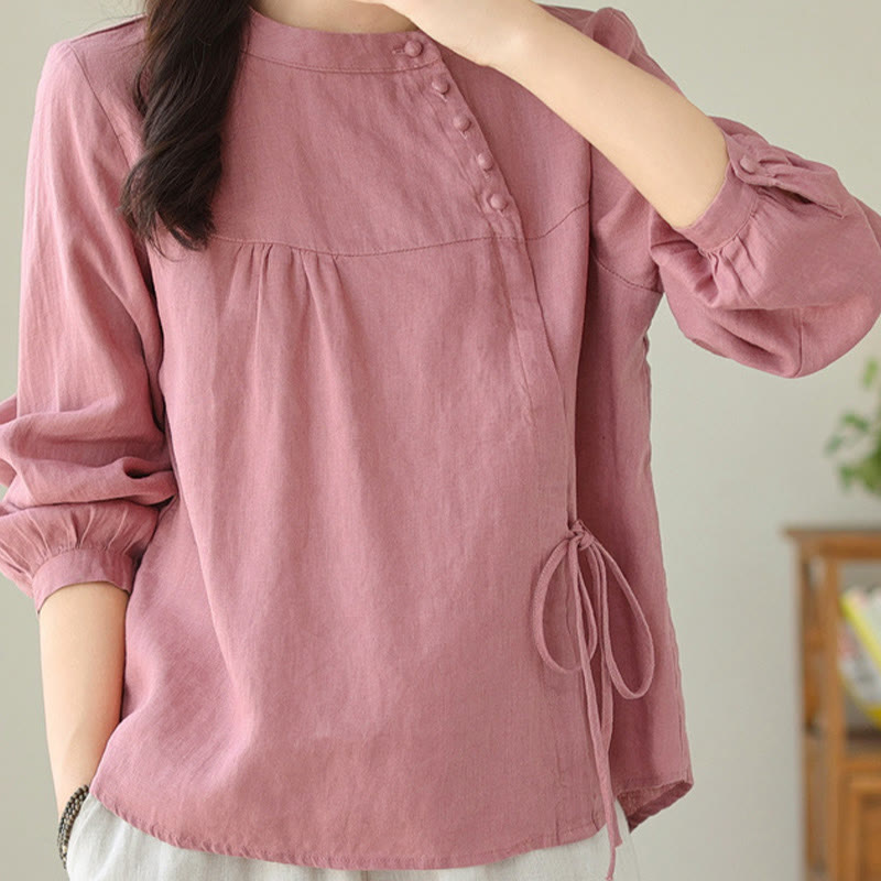 Fall Casual Solid Color Stand Collar Long Sleeve Cotton Linen Women's Shirt