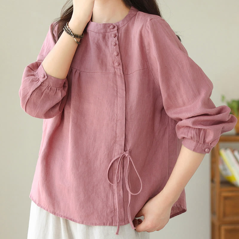 Fall Casual Solid Color Stand Collar Long Sleeve Cotton Linen Women's Shirt