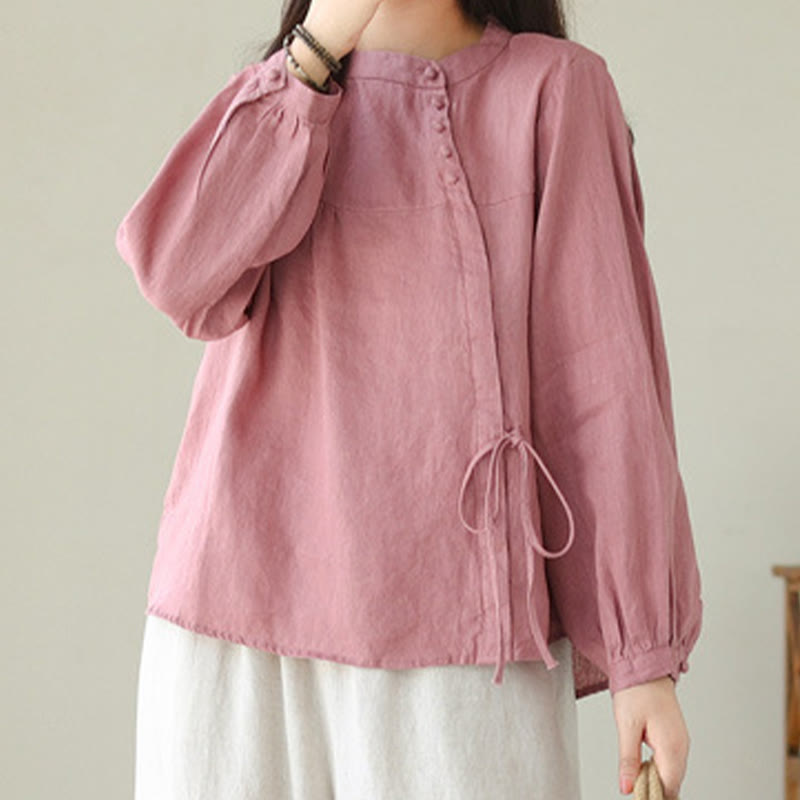 Fall Casual Solid Color Stand Collar Long Sleeve Cotton Linen Women's Shirt