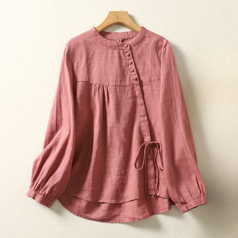 Fall Casual Solid Color Stand Collar Long Sleeve Cotton Linen Women's Shirt