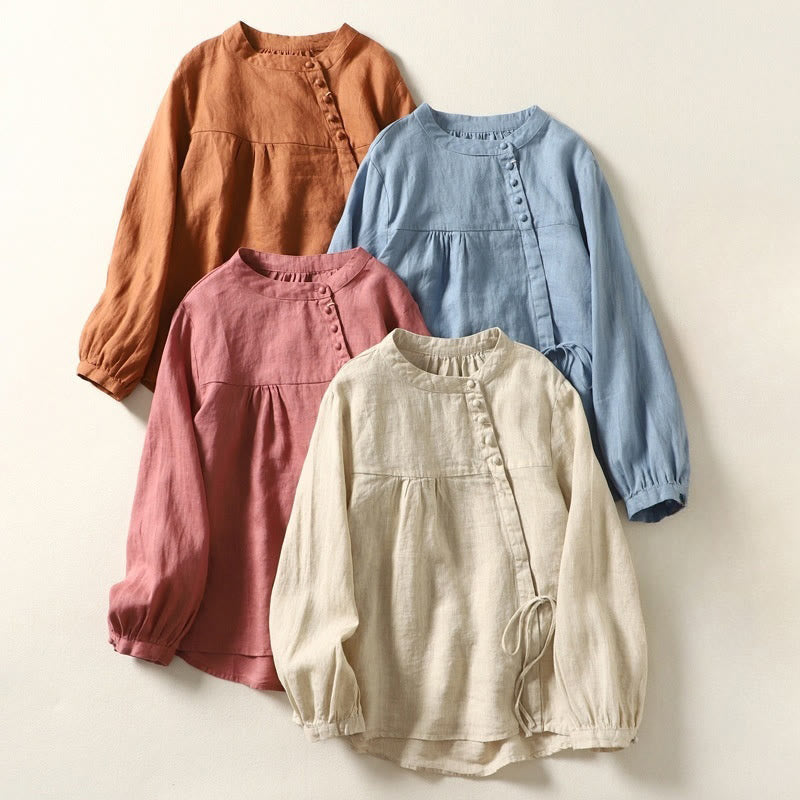 Fall Casual Solid Color Stand Collar Long Sleeve Cotton Linen Women's Shirt