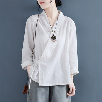 Casual Solid Color Frog Button Long Sleeve Zen Cotton Linen Women's Shirt