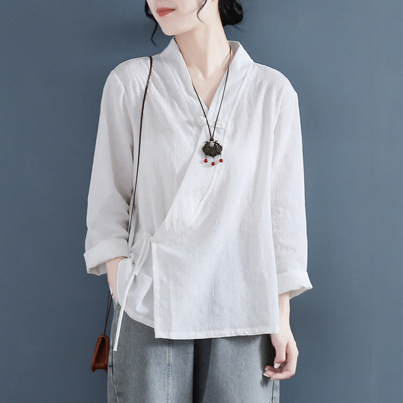 Casual Solid Color Frog Button Long Sleeve Zen Cotton Linen Women's Shirt
