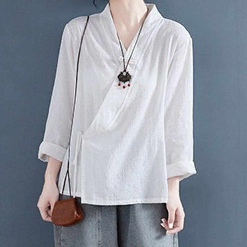 Casual Solid Color Frog Button Long Sleeve Zen Cotton Linen Women's Shirt