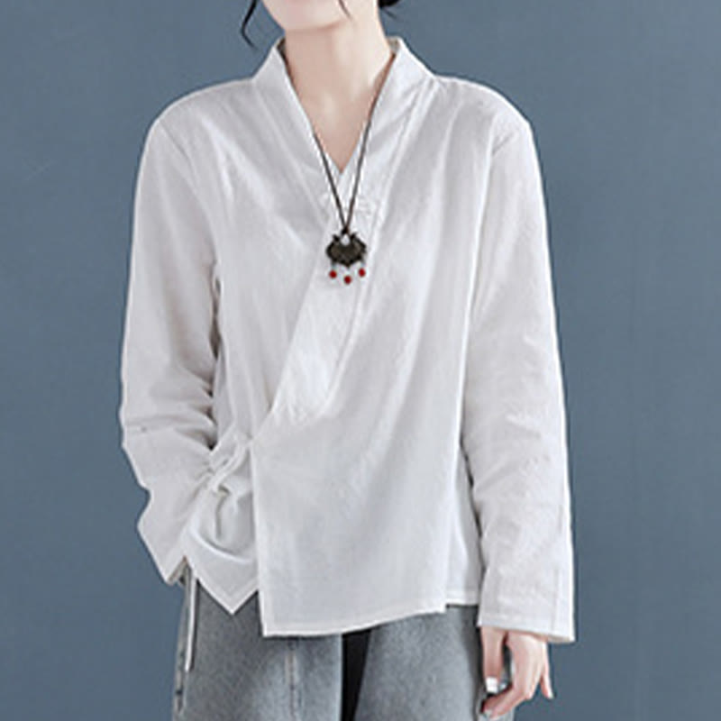 Casual Solid Color Frog Button Long Sleeve Zen Cotton Linen Women's Shirt