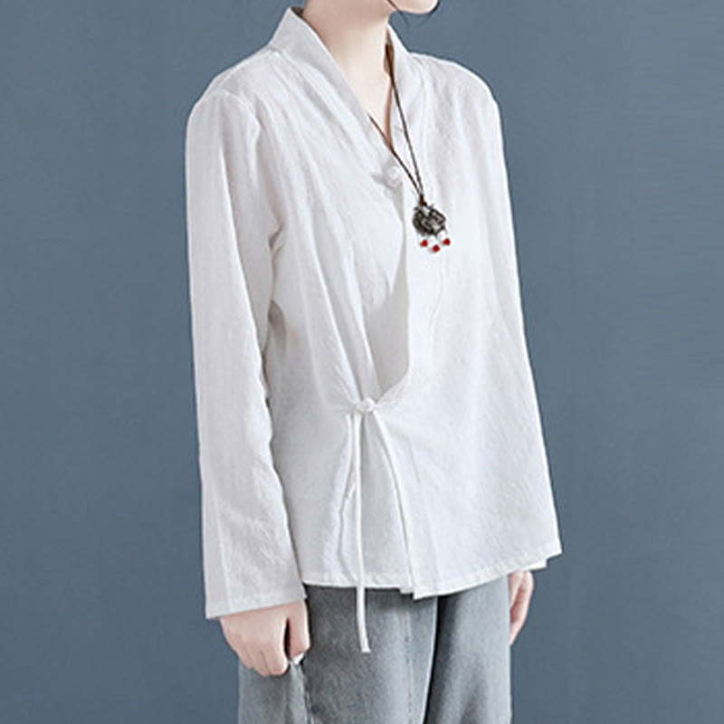 Casual Solid Color Frog Button Long Sleeve Zen Cotton Linen Women's Shirt