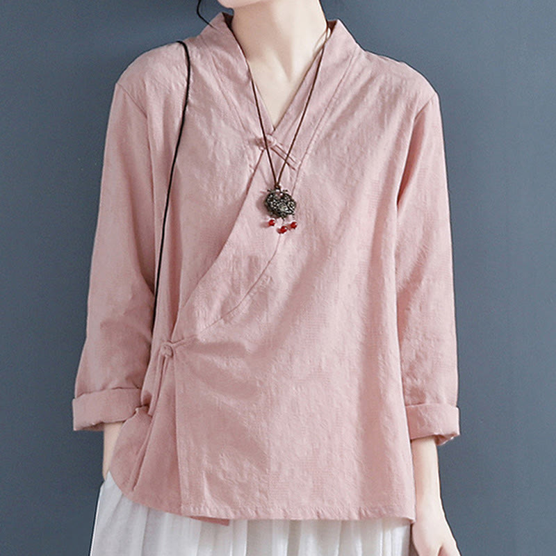 Casual Solid Color Frog Button Long Sleeve Zen Cotton Linen Women's Shirt