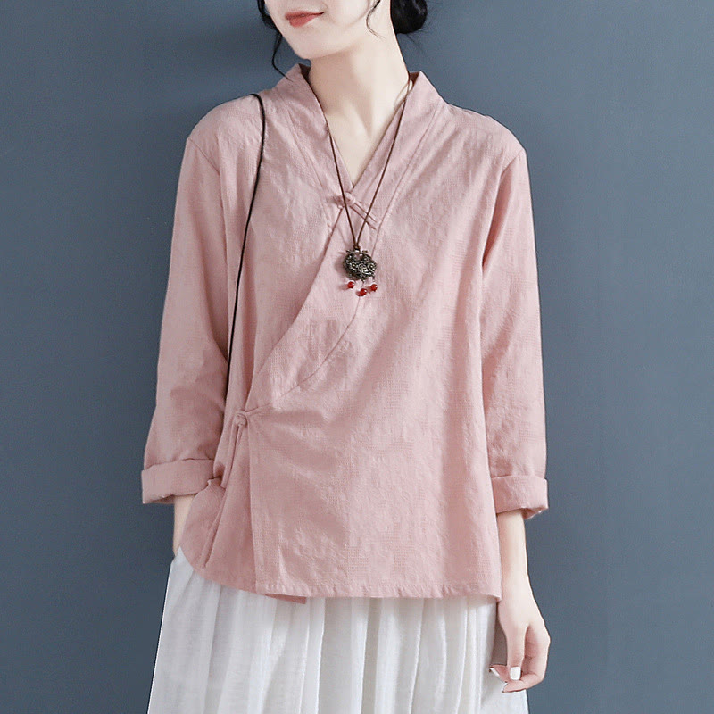 Casual Solid Color Frog Button Long Sleeve Zen Cotton Linen Women's Shirt