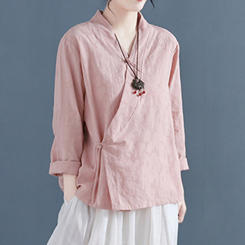 Casual Solid Color Frog Button Long Sleeve Zen Cotton Linen Women's Shirt