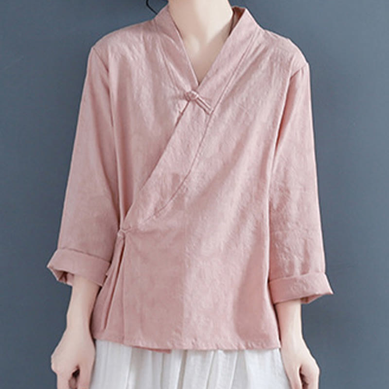 Casual Solid Color Frog Button Long Sleeve Zen Cotton Linen Women's Shirt
