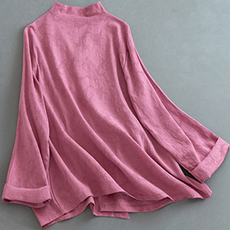 Casual Solid Color Frog Button Long Sleeve Zen Cotton Linen Women's Shirt