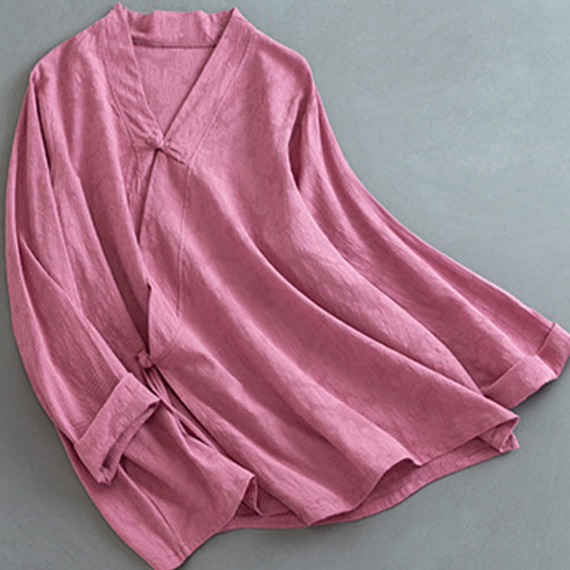 Casual Solid Color Frog Button Long Sleeve Zen Cotton Linen Women's Shirt