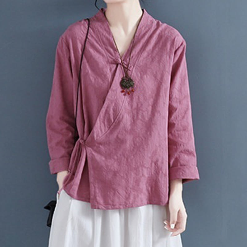 Casual Solid Color Frog Button Long Sleeve Zen Cotton Linen Women's Shirt