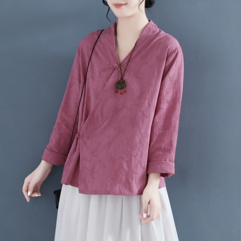 Casual Solid Color Frog Button Long Sleeve Zen Cotton Linen Women's Shirt