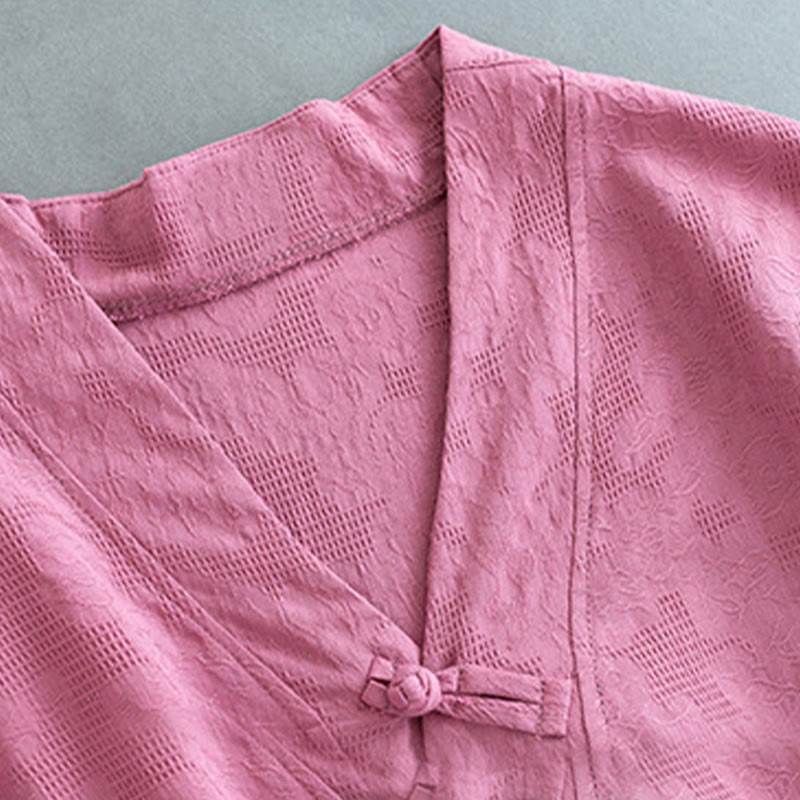 Casual Solid Color Frog Button Long Sleeve Zen Cotton Linen Women's Shirt