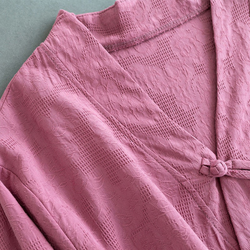 Casual Solid Color Frog Button Long Sleeve Zen Cotton Linen Women's Shirt