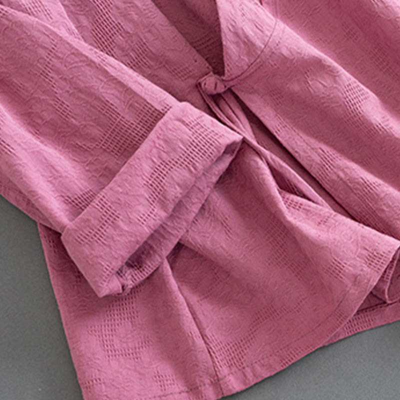 Casual Solid Color Frog Button Long Sleeve Zen Cotton Linen Women's Shirt