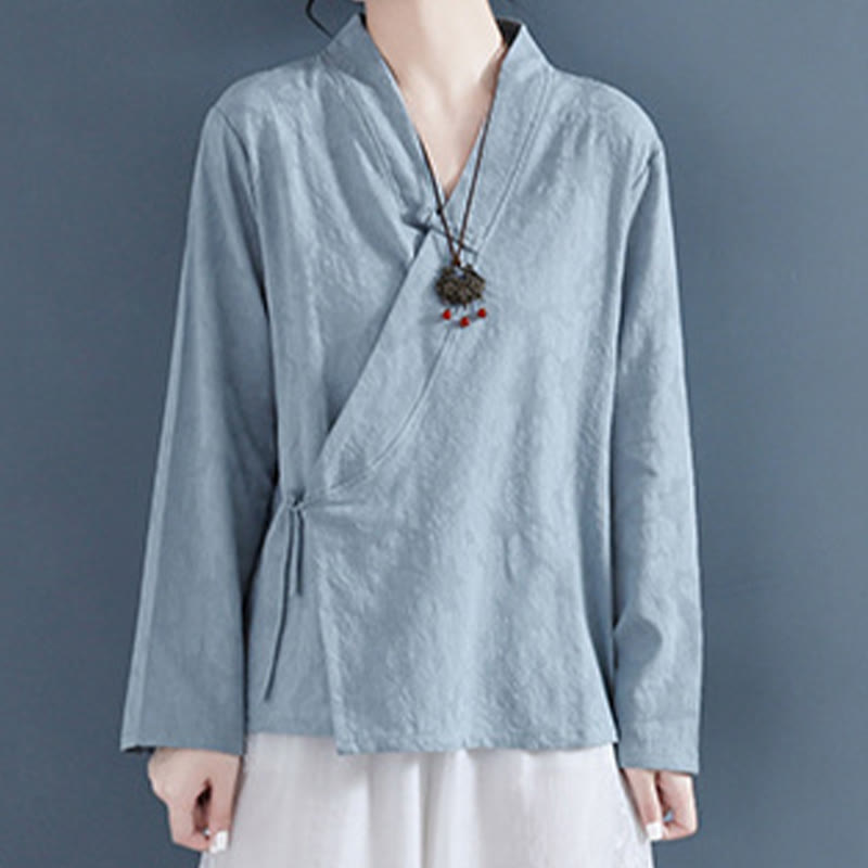 Casual Solid Color Frog Button Long Sleeve Zen Cotton Linen Women's Shirt