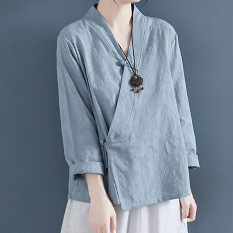 Casual Solid Color Frog Button Long Sleeve Zen Cotton Linen Women's Shirt