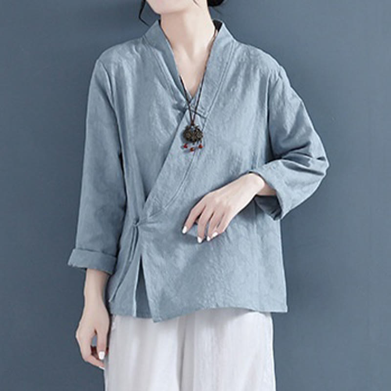 Casual Solid Color Frog Button Long Sleeve Zen Cotton Linen Women's Shirt