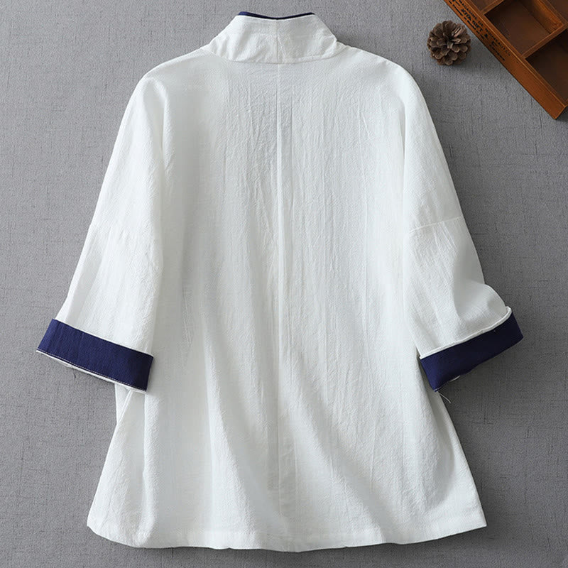 Casual Color Stitching V-Neck Three Quarter Sleeve Zen Cotton Linen Women's Shirt