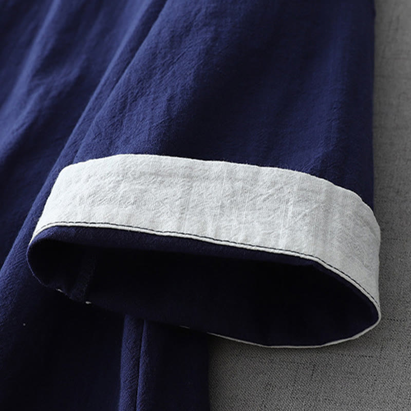 Casual Color Stitching V-Neck Three Quarter Sleeve Zen Cotton Linen Women's Shirt
