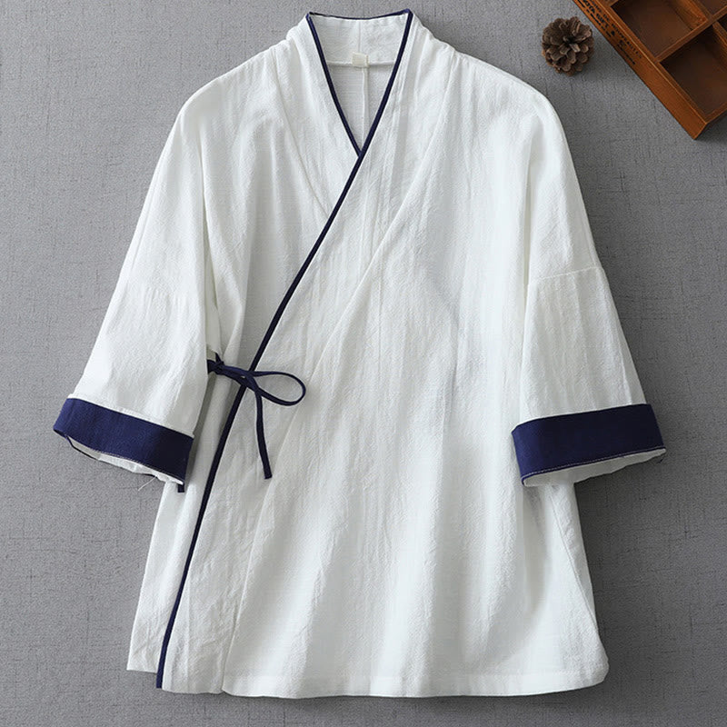 Casual Color Stitching V-Neck Three Quarter Sleeve Zen Cotton Linen Women's Shirt