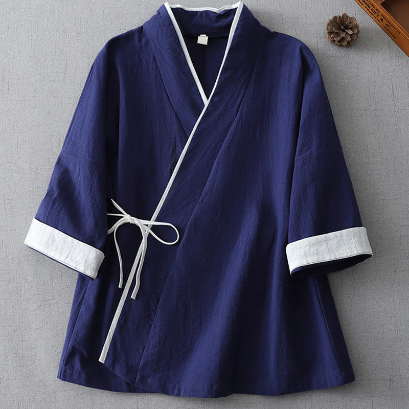 Casual Color Stitching V-Neck Three Quarter Sleeve Zen Cotton Linen Women's Shirt