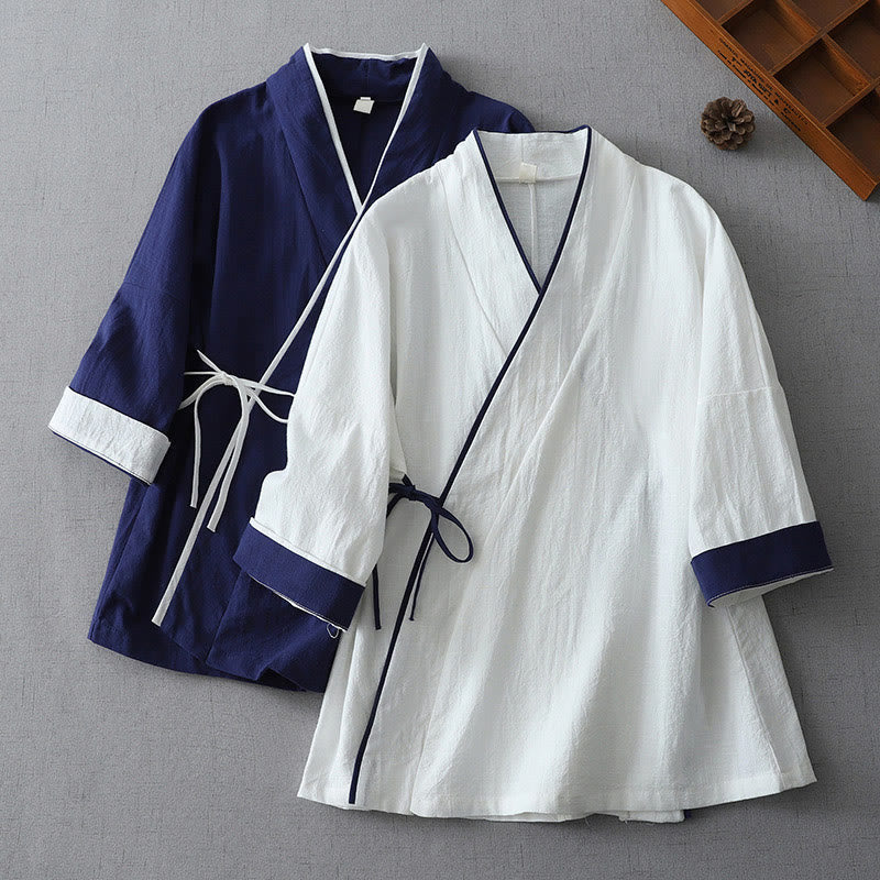 Casual Color Stitching V-Neck Three Quarter Sleeve Zen Cotton Linen Women's Shirt
