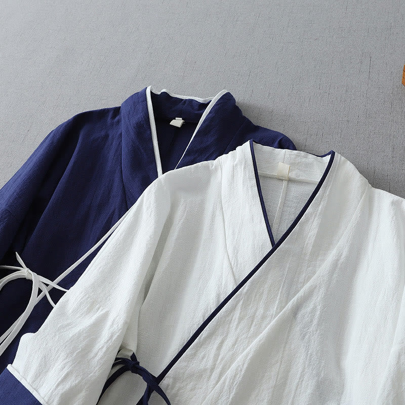Casual Color Stitching V-Neck Three Quarter Sleeve Zen Cotton Linen Women's Shirt