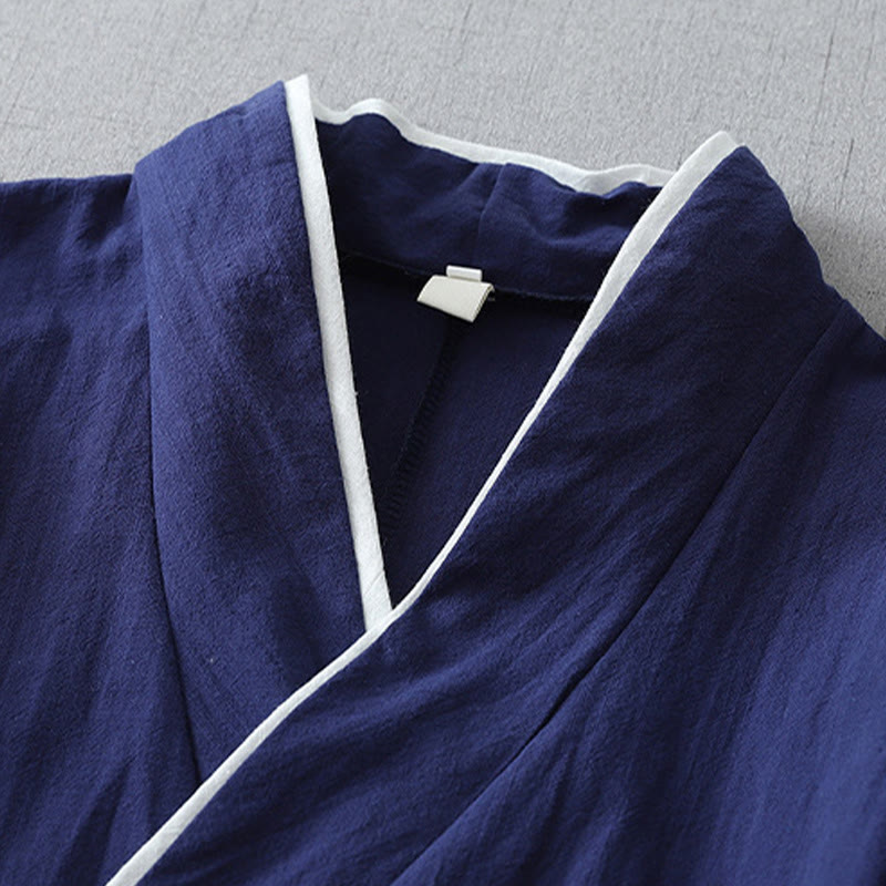 Casual Color Stitching V-Neck Three Quarter Sleeve Zen Cotton Linen Women's Shirt