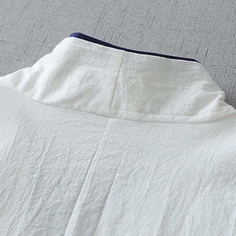Casual Color Stitching V-Neck Three Quarter Sleeve Zen Cotton Linen Women's Shirt