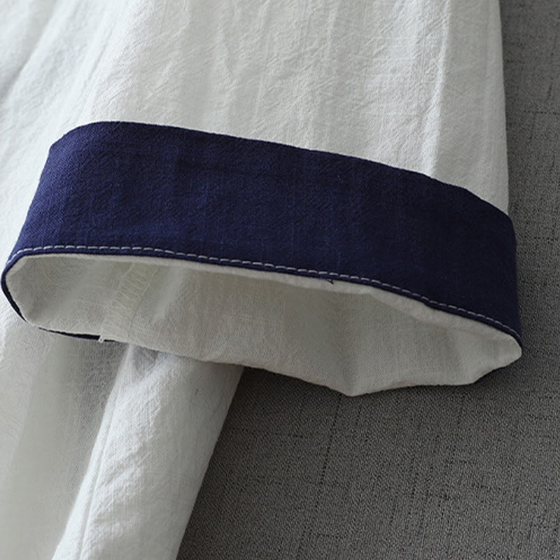 Casual Color Stitching V-Neck Three Quarter Sleeve Zen Cotton Linen Women's Shirt