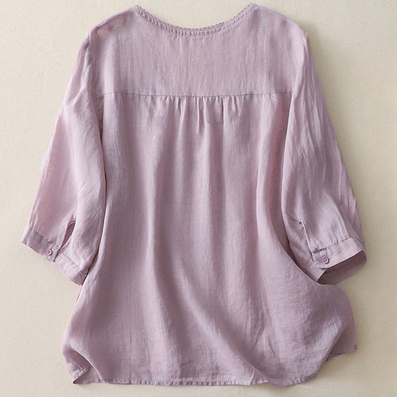 Casual Shooting Star Embroidery V-Neck Half Sleeve Cotton Linen Women's Shirt